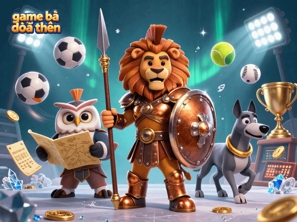 Engage with game bài đổi thưởng amid a vibrant 3D casino battle scene featuring dynamic sports elements.