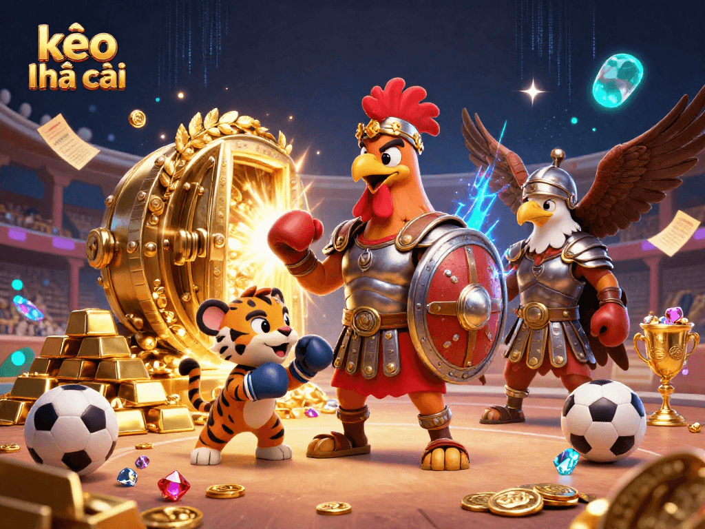 kèo nhà cái scene featuring a rooster and cub in a vibrant sports betting arena