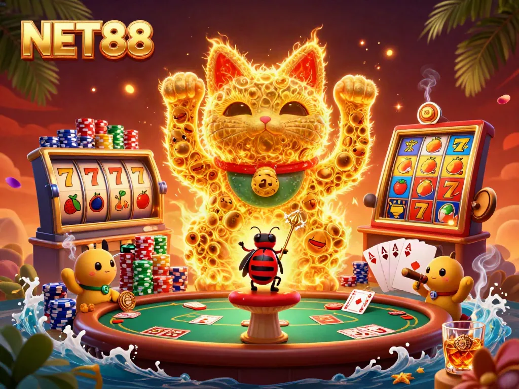Experience the excitement of NET88 with a dynamic scene featuring a lucky cat formed by fireflies amid vibrant casino elements.