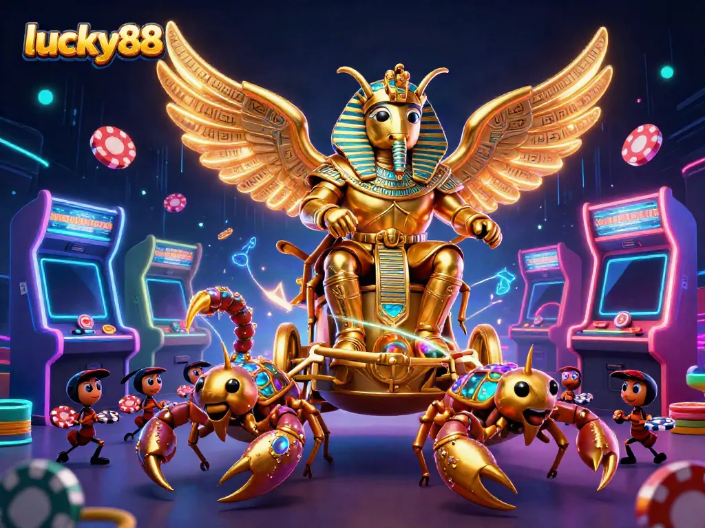 Engage with lucky88's thrilling 3D casino adventure featuring a golden beetle and scorpions.