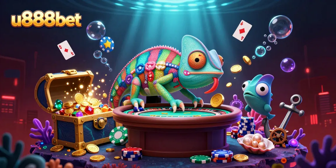 Engage with thrilling gameplay at u888bet, featuring a vibrant chameleon casino owner amidst gold coins and gaming elements.
