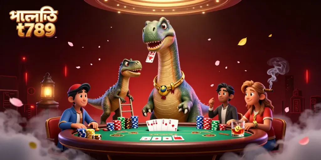 Engage with the vibrant scene of পদোন্নতি t789 as a brontosaurus looks down on a bustling poker game filled with action and excitement.