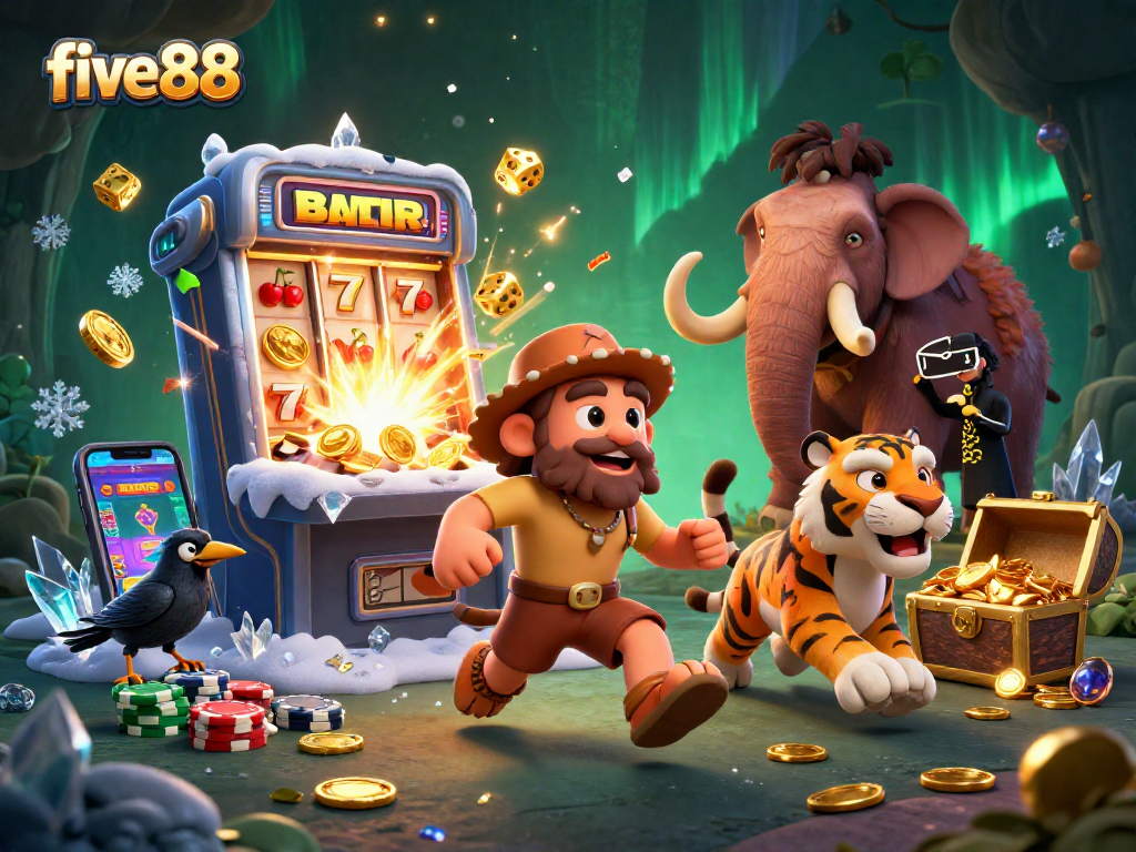 Experience the excitement of five88 with 3D cartoon characters in a lively prehistoric casino setting.