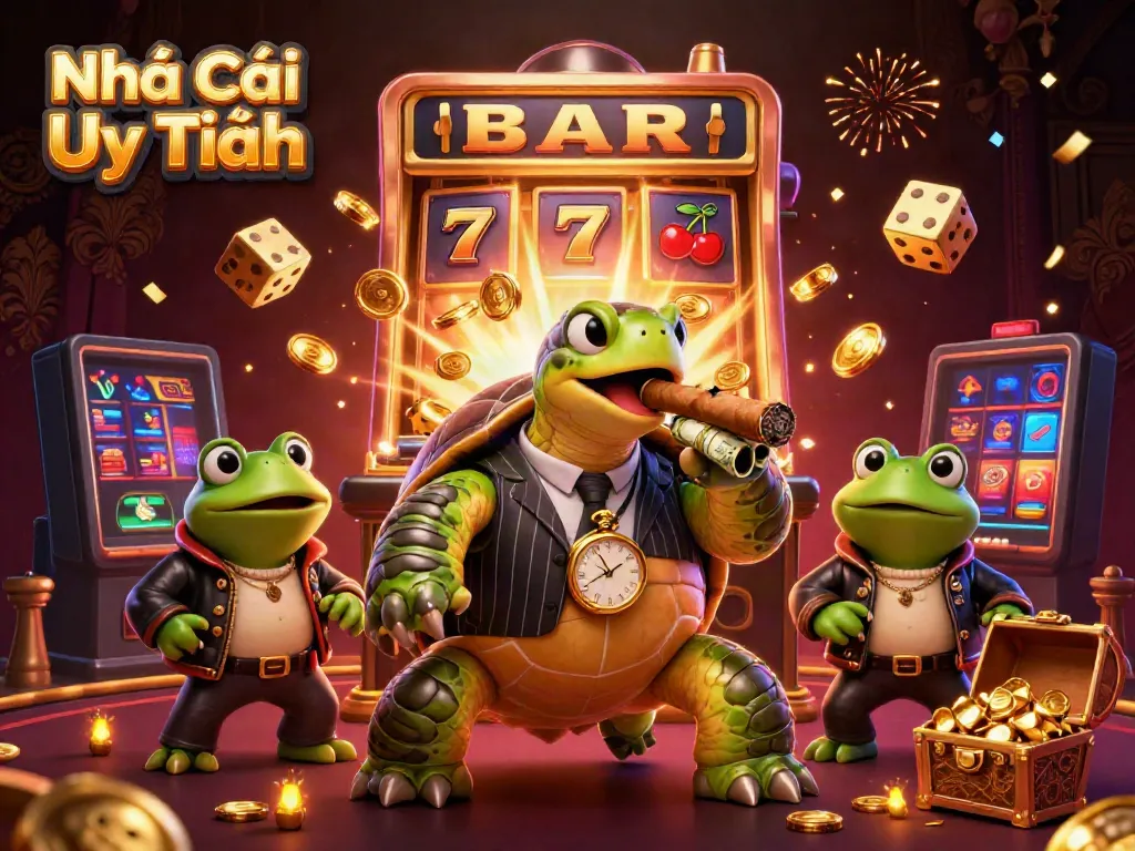 Experience thrilling gaming with Nhà Cái Uy Tín in a vibrant casino scene featuring unique characters.