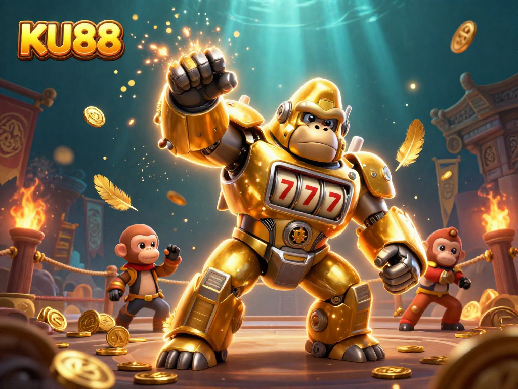 Engage with thrilling slot action at KU88 - a vibrant 3D casino scene bursting with excitement.