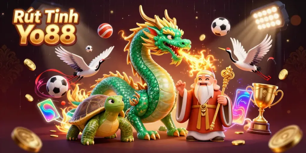 Engage with the Rút Tiền Yo88 process illustrated through a vibrant dragon and lucky elements, showcasing gaming joy.