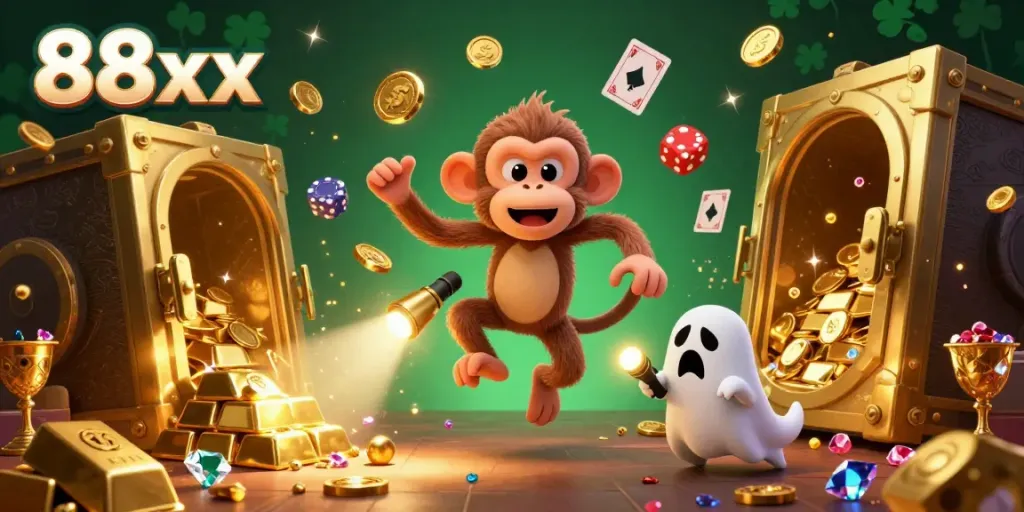Engage with the thrilling world of 88xx as playful phantom monkey juggles golden treasures in a haunted casino.