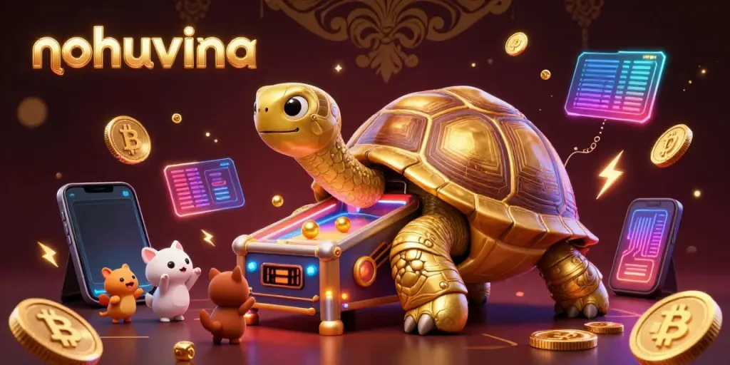 Experience the excitement of nohuvina with a 3D giant tortoise pinball machine and vibrant crypto elements.