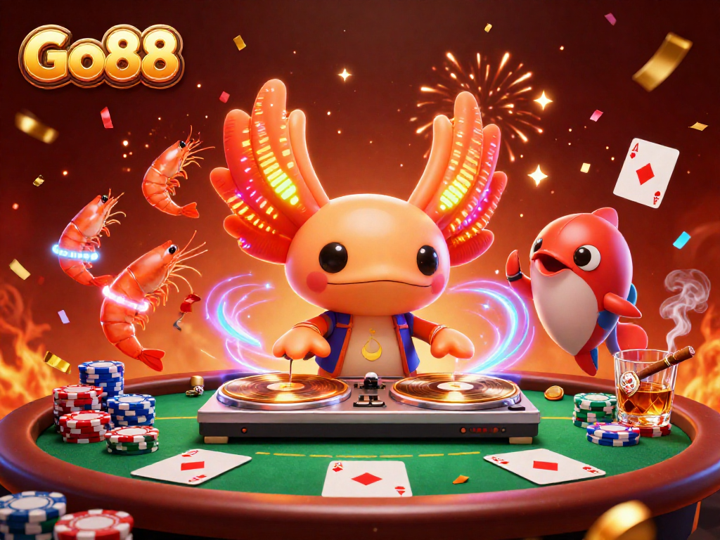 Go88 presents a vibrant 3D casino scene with energetic characters enjoying poker.