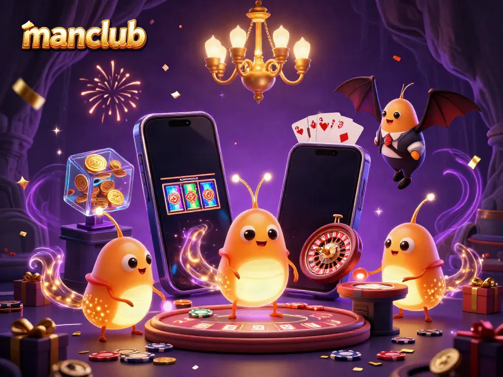 Experience the excitement at manclub's casino with glowing characters and vibrant gaming elements