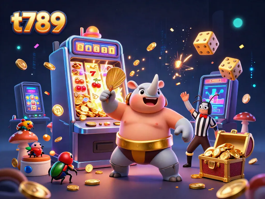 T789 showcases an action-packed 3D scene with a sumo champion beetle sending coins flying in a casino setting.