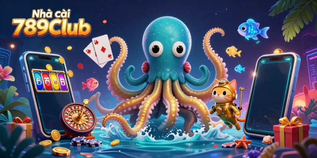 Experience thrilling gameplay at Nhà cái 789Club with a vibrant 3D casino scene featuring dynamic characters and games.