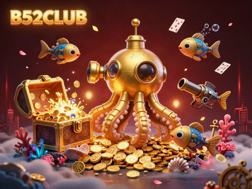 Experience the thrill of the B52CLUB with a vibrant underwater scene featuring a golden kraken submarine and treasure!