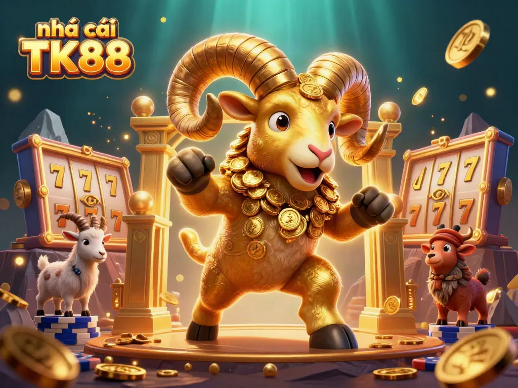 Experience the excitement of nhà cái TK88 with a unique golden ram amidst vibrant casino elements.