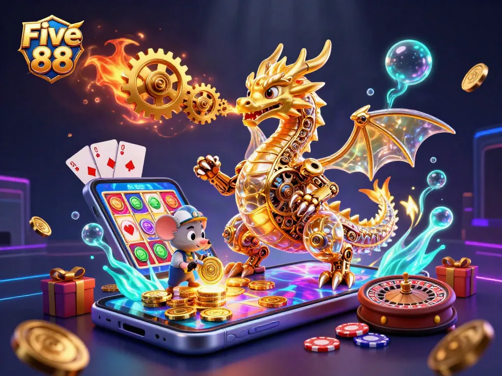 Experience the excitement of Five 88 with a vibrant 3D casino illustration showcasing dynamic game elements.