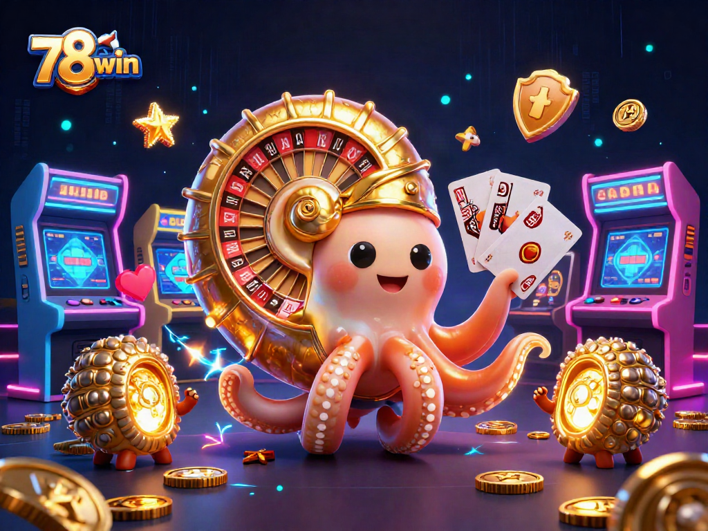 Engage with 78win in a dynamic 3D casino scene featuring a vibrant ancient nautilus roulette wheel.