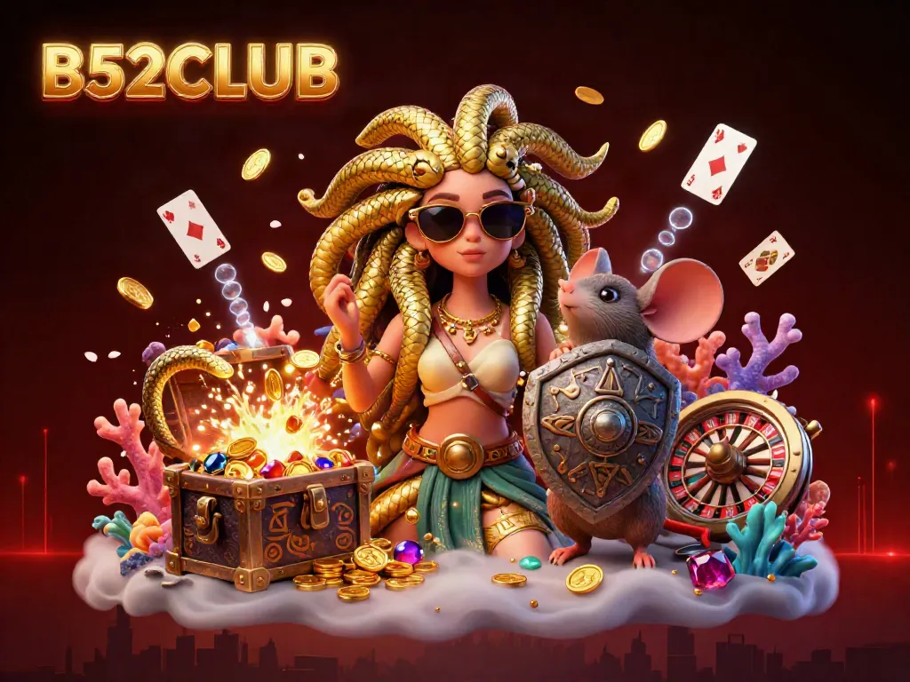 Engage with thrilling gameplay at B52CLUB while enjoying a vibrant scene filled with treasure and dynamic characters.