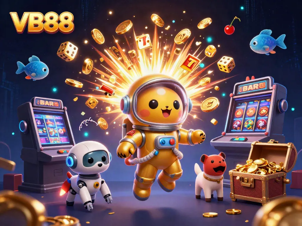 VB88 engages players with a vibrant jackpot explosion from the slot machine, illuminating a magical casino scene.