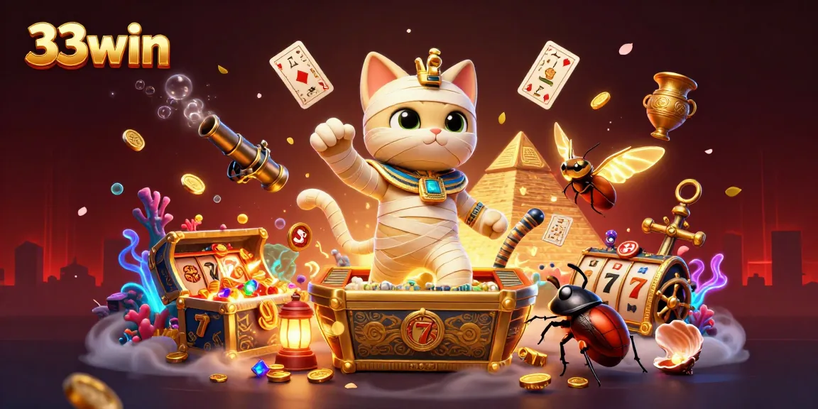 Experience the vibrant world of 33win with a dynamic Egyptian mummy and treasures in a casino.