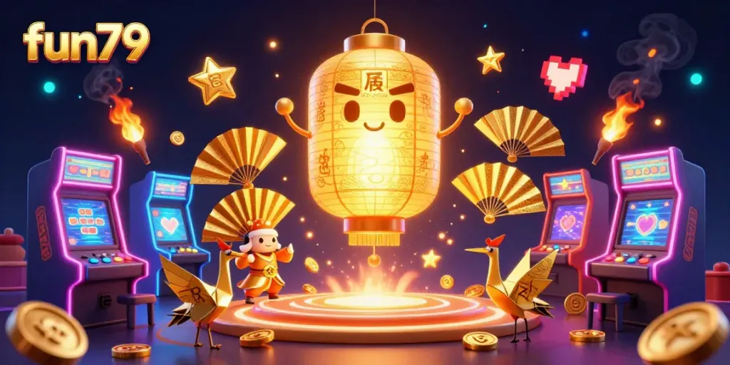 Experience the excitement of fun79 in this vibrant casino scene featuring a glowing lantern spirit and arcade games.