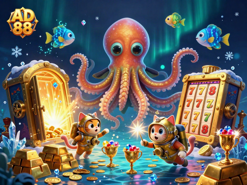 Engage with AD 88's thrilling casino experience featuring a kraken and diving cat amidst treasures.