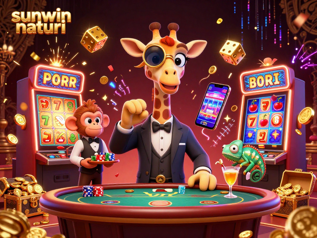 Indulge in the excitement of sunwin naturi as a high-roller giraffe plays poker, surrounded by vibrant casino elements.