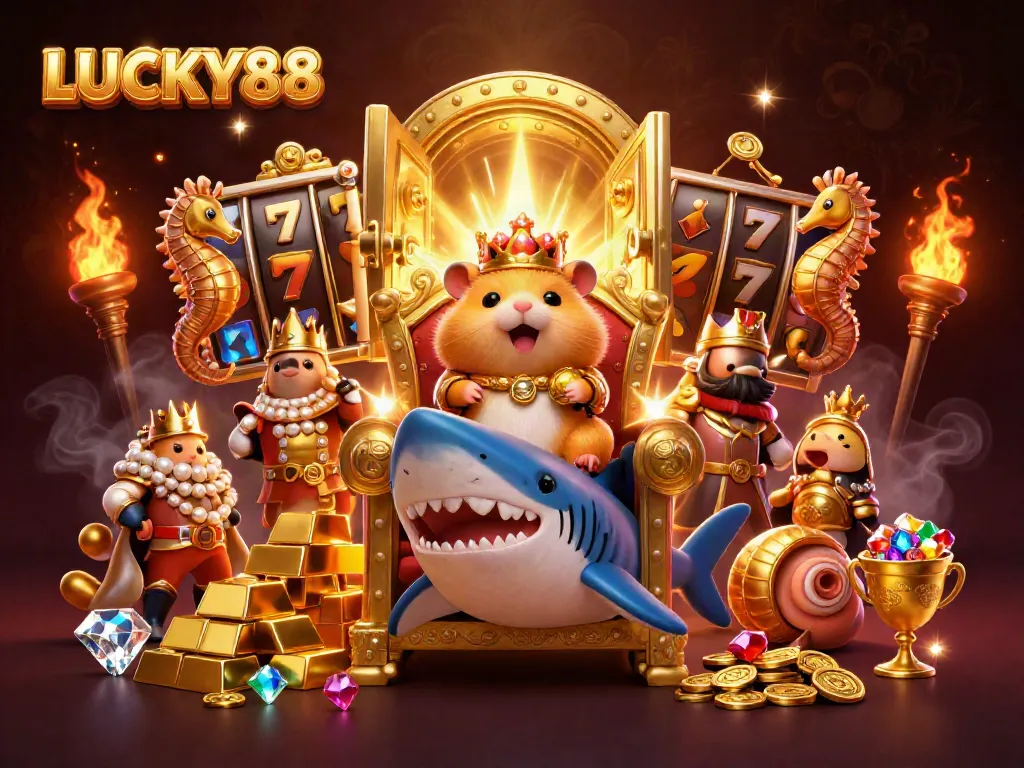 Experience LUCKY88 with a fierce hamster king and treasure-filled slots in this vibrant 3D scene.