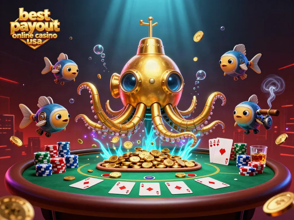 Experience the thrill of the best payout online casino usa with a golden kraken submarine among poker elements.
