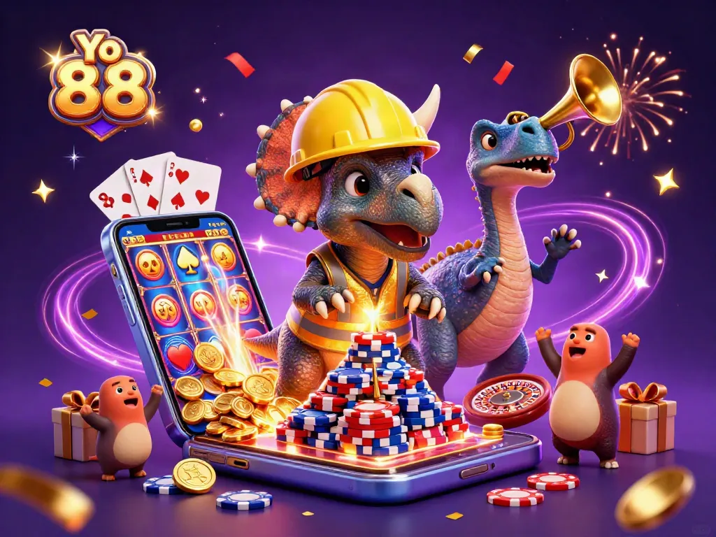 Cheerfulness at Yo 88 with a triceratops stacking poker chips amidst a colorful casino celebration