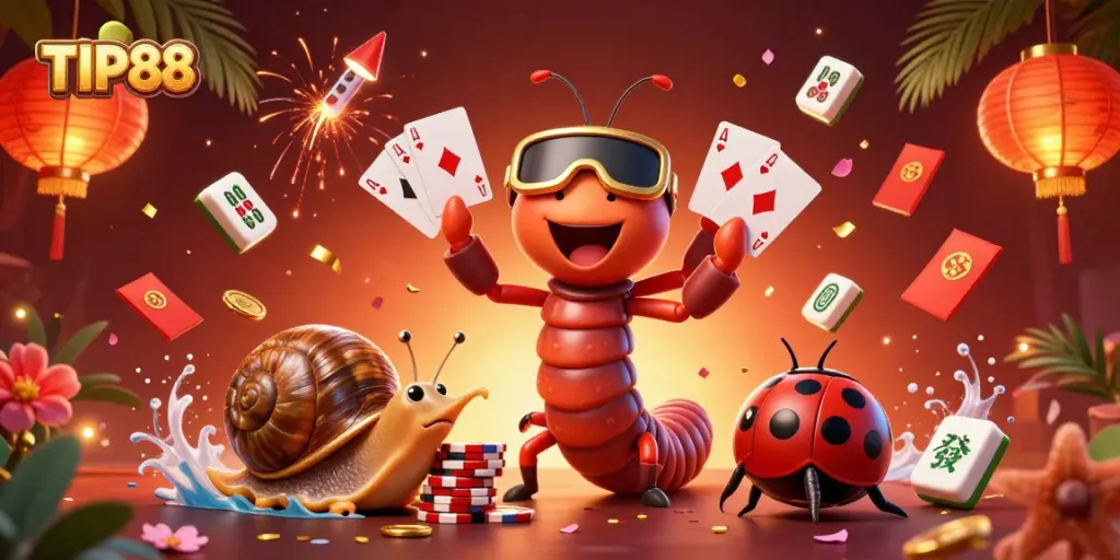 Experience the excitement of TIP88 with a vibrant casino-themed illustration featuring a lively dealer and festive game elements.