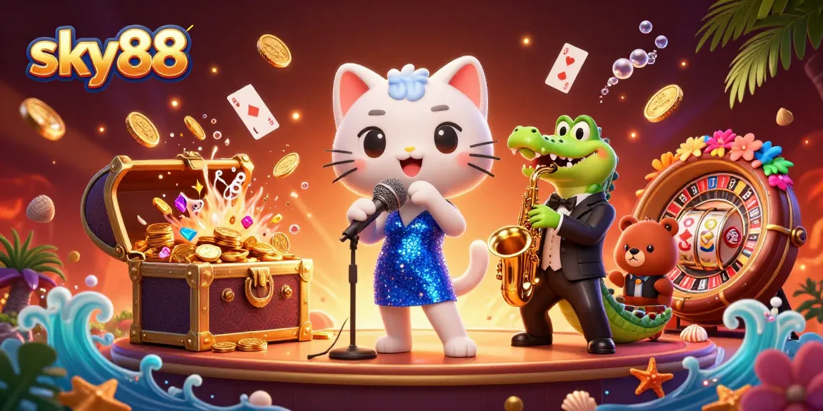 Engage with sky88's vibrant casino scene featuring a singing cat, saxophone crocodile, and drumming bear.