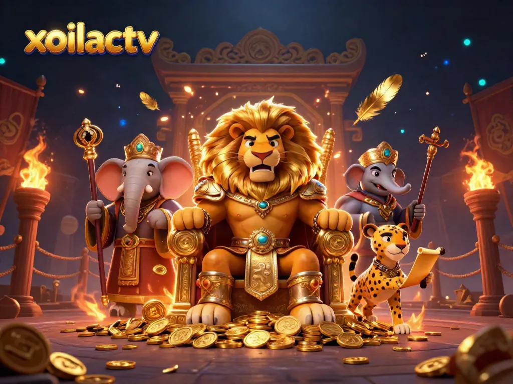 Experience thrilling gaming adventures with xoilactv's dynamic 3D casino scene, showcasing a lion king and team.