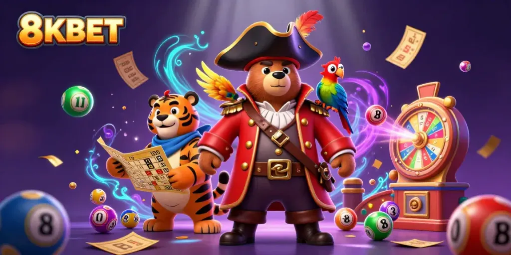 Engage in thrilling casino action with 8KBET's vibrant 3D illustration featuring dynamic gambling elements.