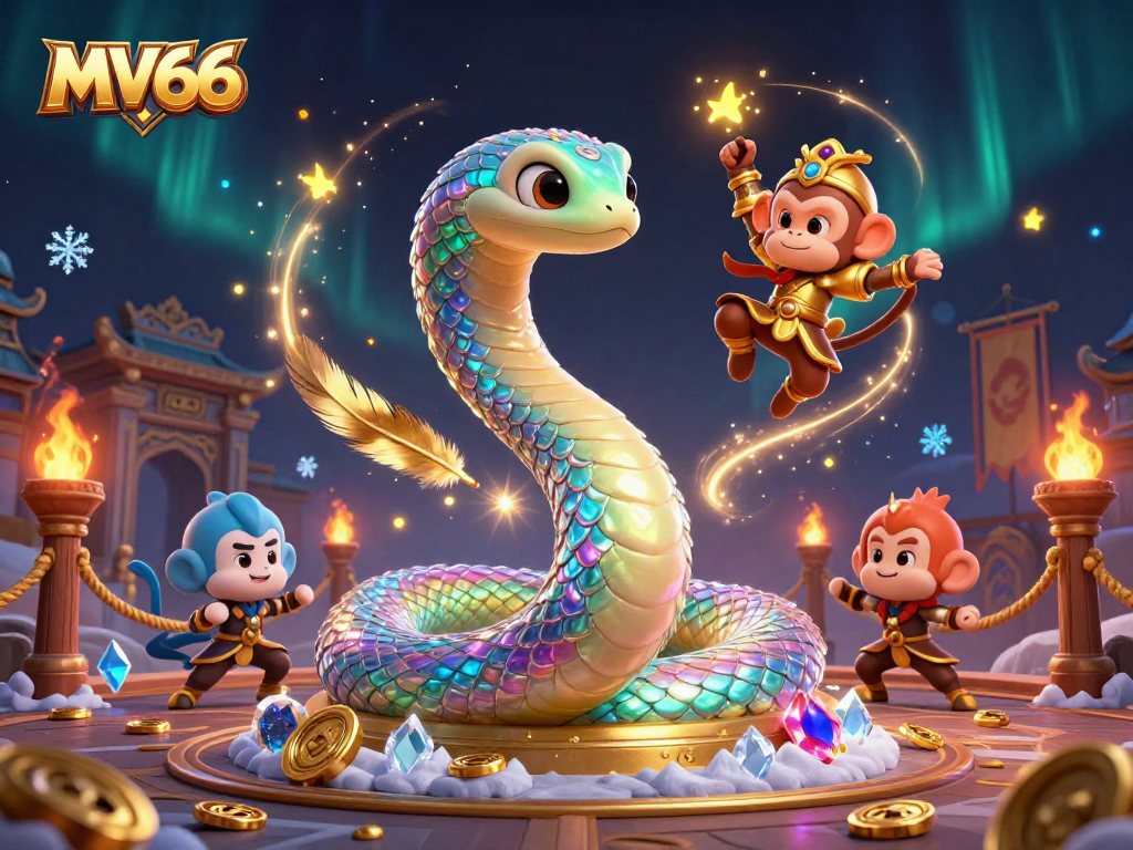 Play slots and win at MV66, where a rainbow serpent and monkey king add excitement to your gaming experience.