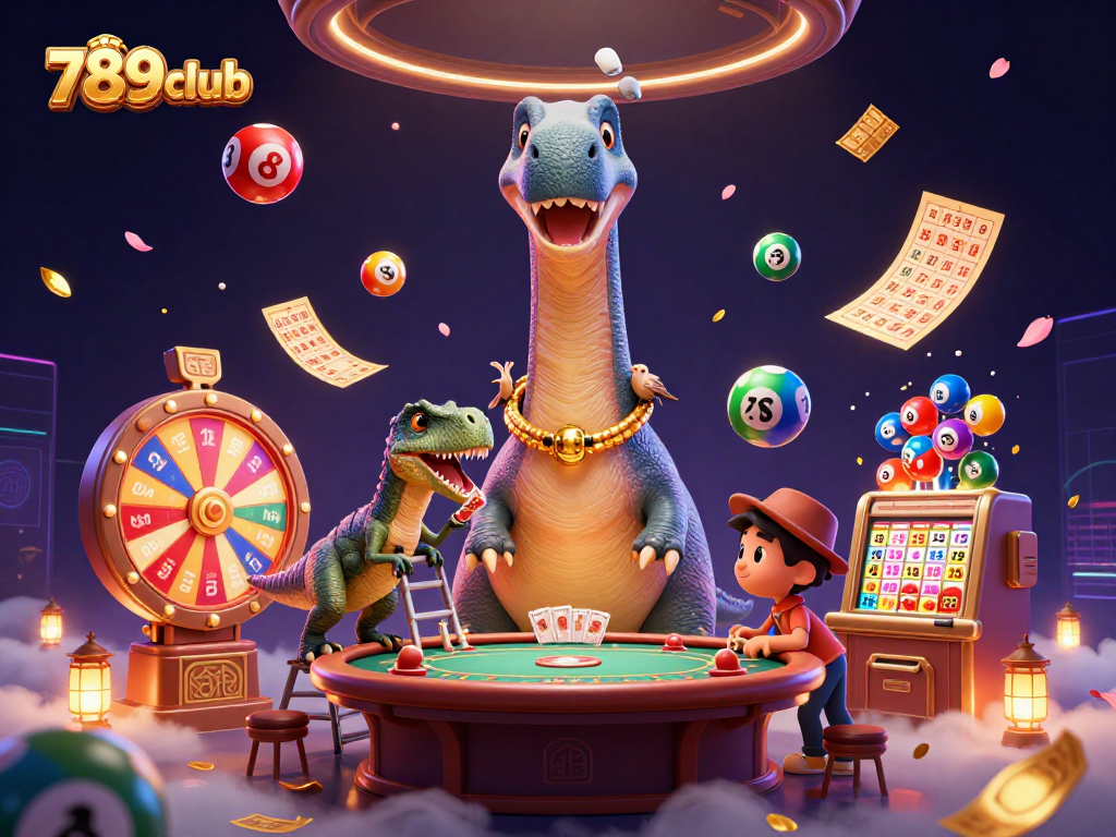 Engage in thrilling games at 789club, featuring a whimsical dinosaur and dynamic casino elements.