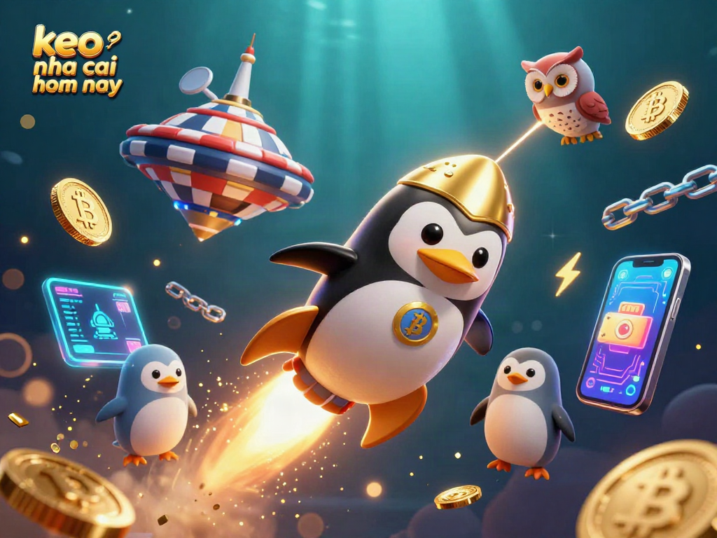 Bet on keo nha cai hom nay with excitement as a penguin zooms towards a casino space station.