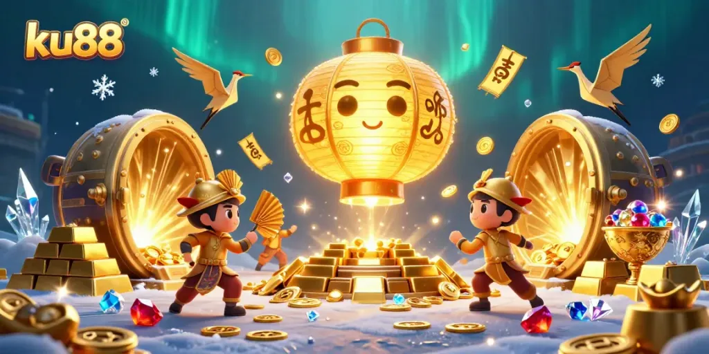 Activate the excitement at ku88 with a golden lantern spirit illuminating a vibrant casino scene.