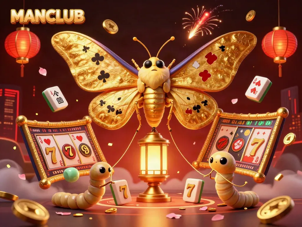 Engage in the vibrant world of MANCLUB as a colorful atlas moth showcases casino themes and elements in an enchanting 3D scene.