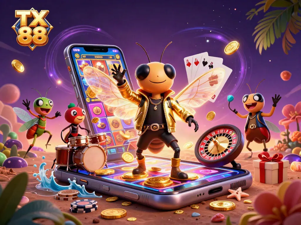 Play thrilling games at TX 88, featuring a vibrant casino atmosphere with engaging characters and games.