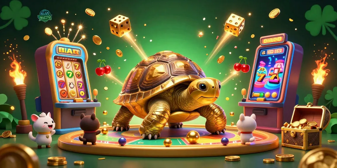 Experience the excitement of PLAY RIC79 within a vibrant casino scene with a colossal tortoise pinball machine.