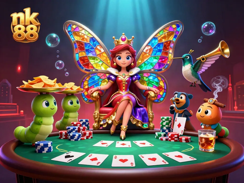 Experience the excitement of nk 88 as the butterfly queen reigns over a vibrant casino scene filled with poker excitement.