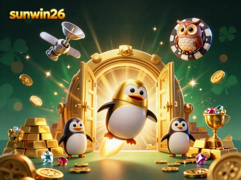 Experience thrilling gameplay with sunwin26 as a golden penguin rockets towards a vibrant casino space station.