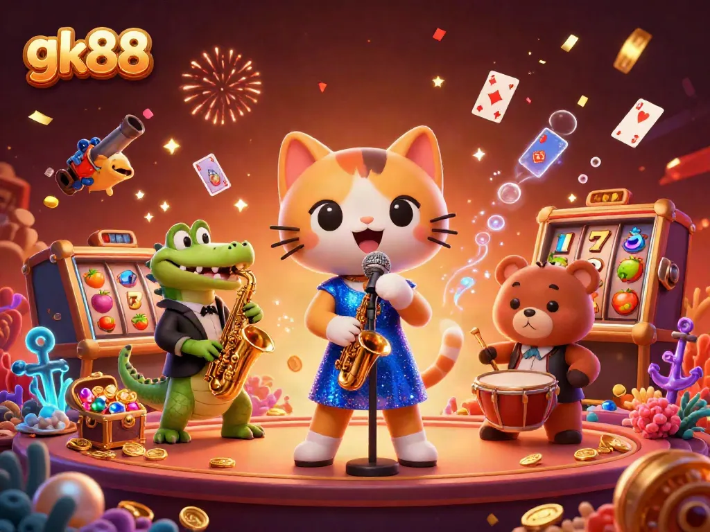 Experience the vibrant gk88 casino scene with a jazz-singer cat and lively animal musicians celebrating wins.