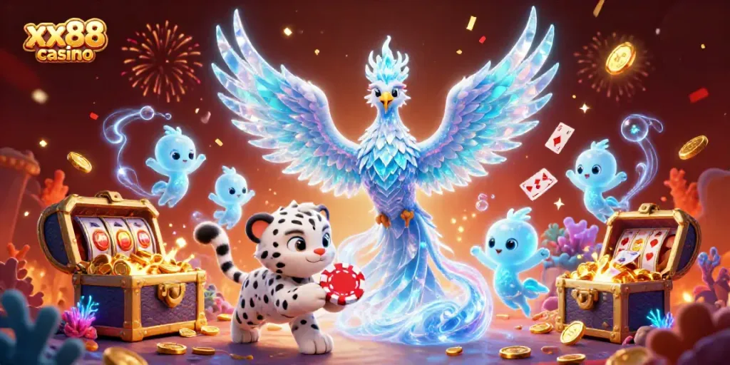 Experience the excitement at xx88 casino with a lively 3D scene of gaming fun, highlighting vibrant characters and elements.
