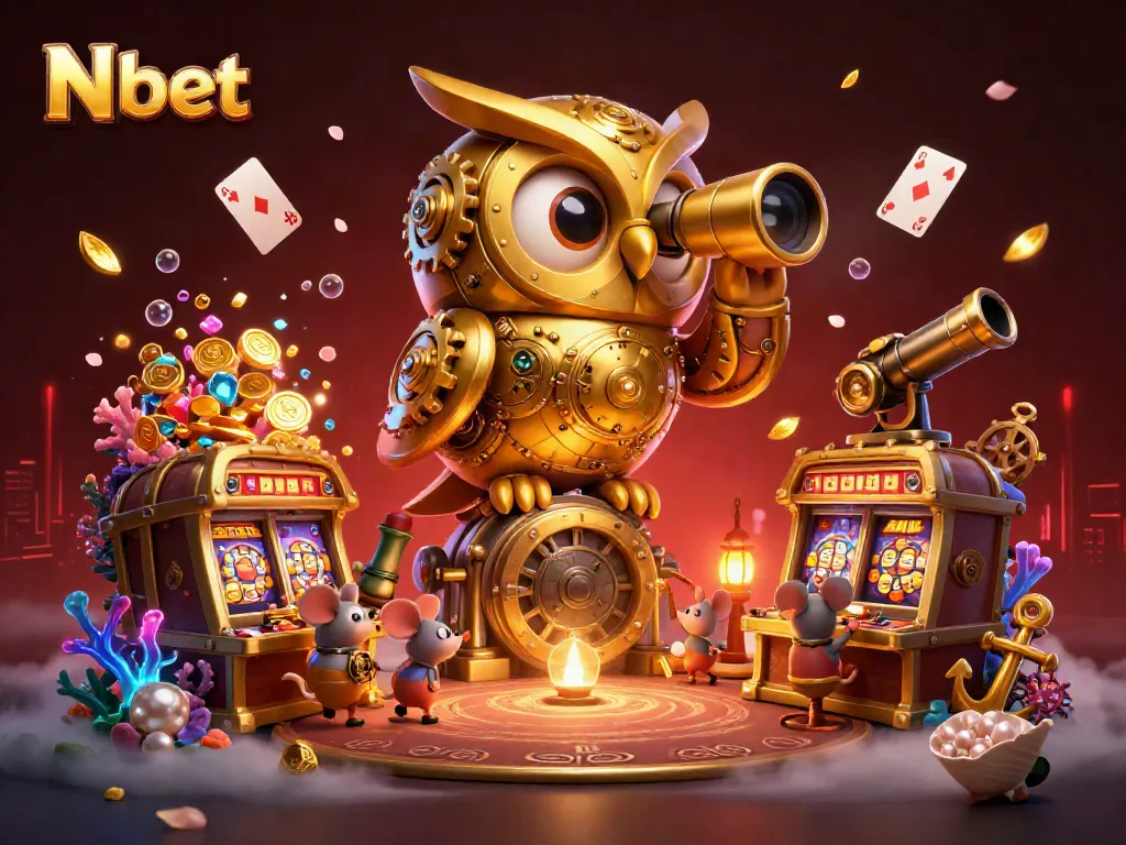 N bet features vibrant 3D illustration of a clockwork owl and bustling casino elements, capturing the excitement of gaming.