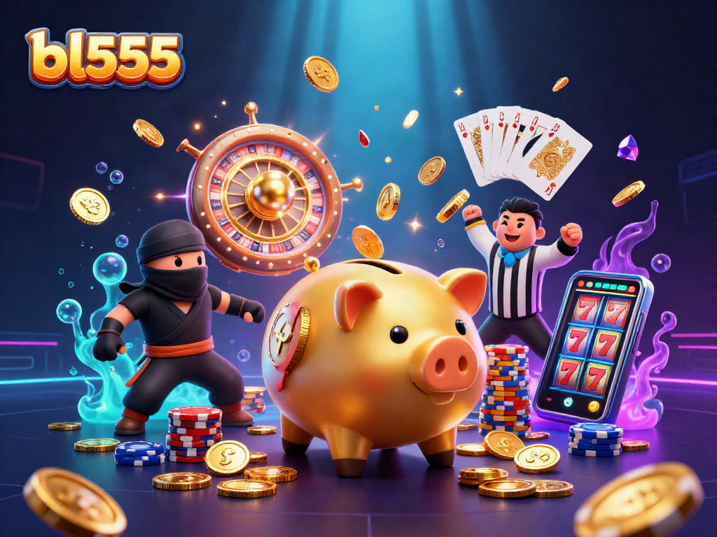 Experience thrilling gameplay with bl555 as a golden piggy bank wrestler ignites excitement with coins and cards.