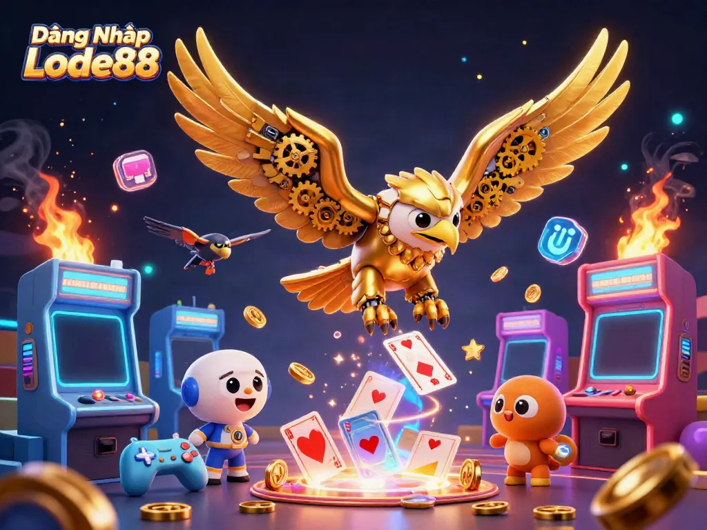 Engaging scene depicting Đăng Nhập Lode88 with a cybernetic eagle and arcade elements, illustrating online gambling excitement.