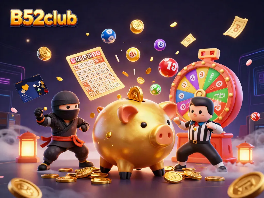 B52club showcases an exciting scene with a golden piggy bank, ninja, and referee amid dynamic casino elements.