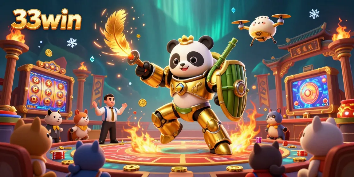 Engage in energetic casino action with 33win amid vibrant characters and golden elements.