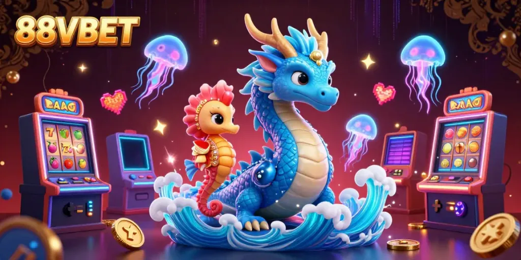 Experience thrilling gameplay at 88VBET with vibrant characters and slot machines in this dynamic illustration.
